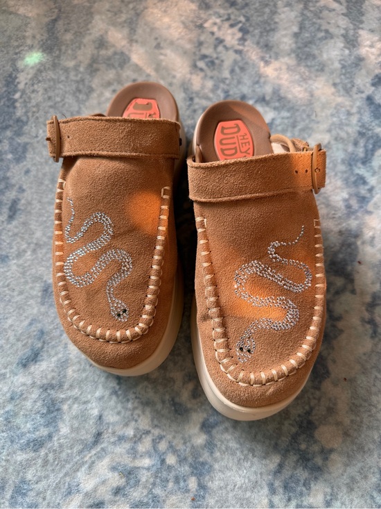 Hey Dude Shoes - Hey Dude Delray Clog Suede Size 8 - customized with crystal snake decal